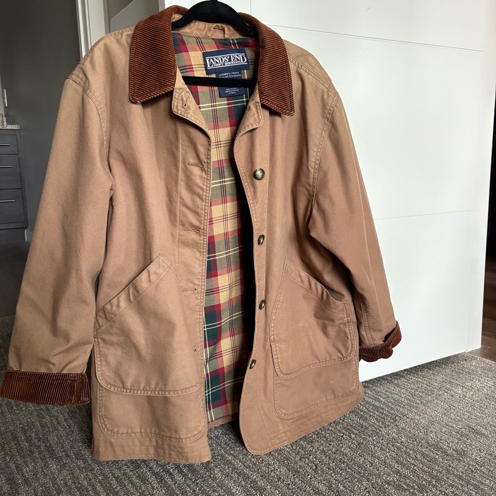 Lands' End Brown Utility Jacket with Plaid Lining
